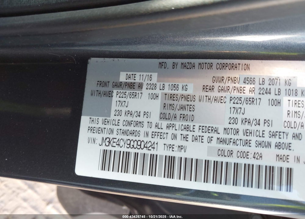 2016 MAZDA CX-5 TOURING VIN: JM3KE4CY9G0904241