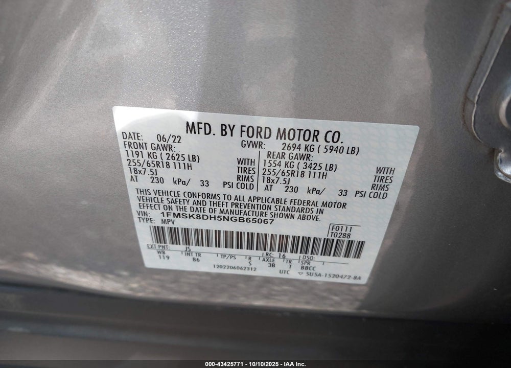 2022 FORD EXPLORER XLT VIN: 1FMSK8DH5NGB65067