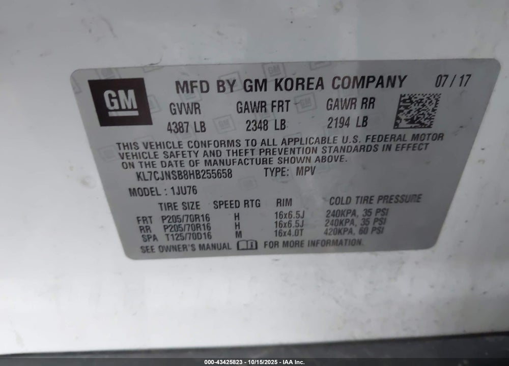 2017 CHEVROLET TRAX LS VIN: KL7CJNSB8HB255658