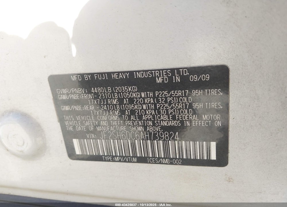2010 SUBARU FORESTER VIN: JF2SH6DC6AH739824