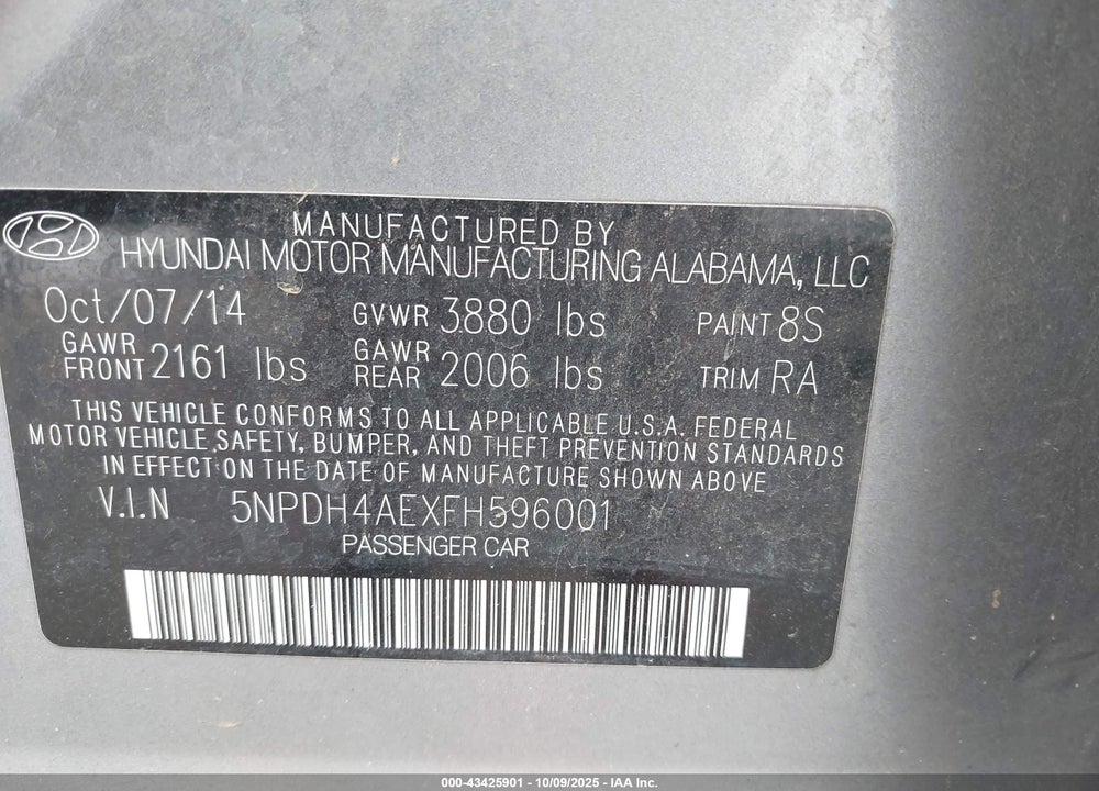 2015 HYUNDAI ELANTRA SE VIN: 5NPDH4AEXFH596001