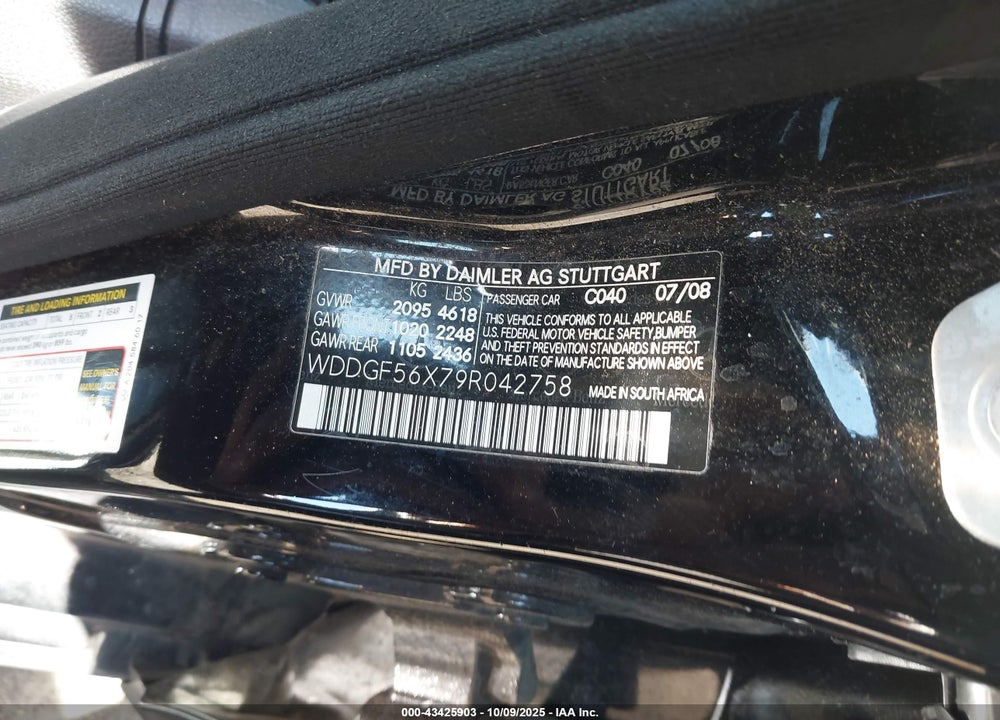 2009 MERCEDES-BENZ C CLASS VIN: WDDGF56X79R042758