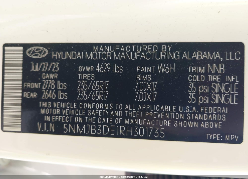 2024 HYUNDAI TUCSON VIN: 5NMJB3DE1RH301735