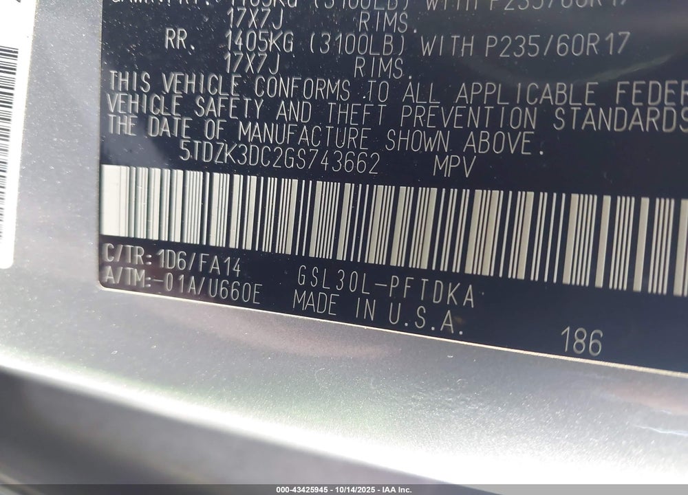 2016 TOYOTA SIENNA VIN: 5TDZK3DC2GS743662