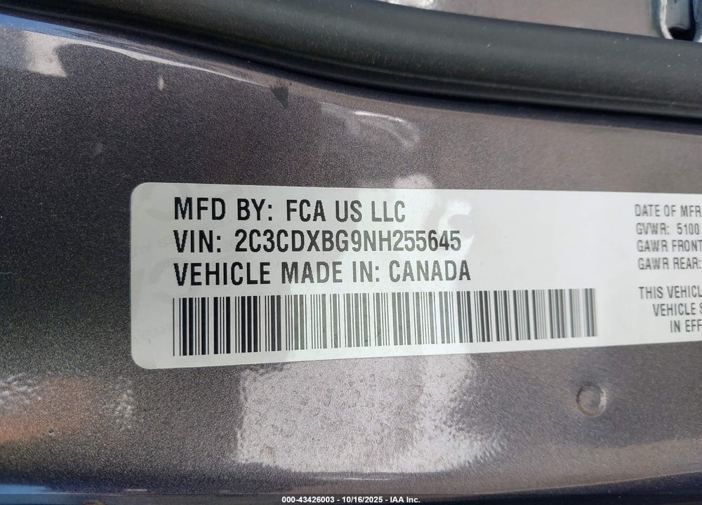 2022 DODGE CHARGER VIN: 2C3CDXBG9NH255645