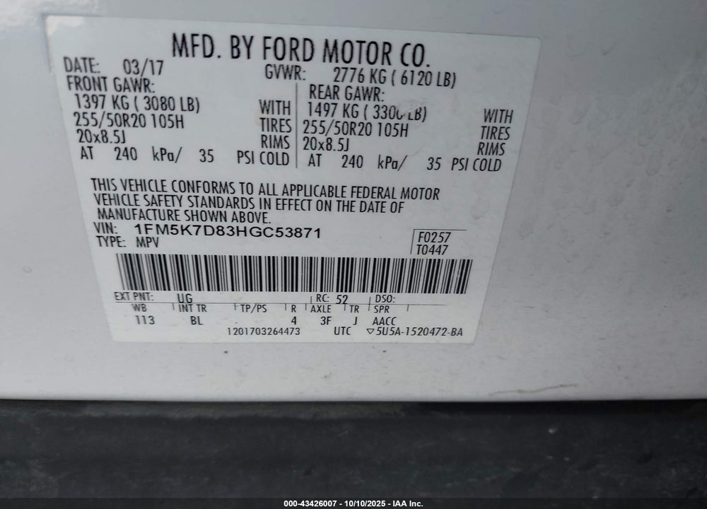 2017 FORD EXPLORER XLT VIN: 1FM5K7D83HGC53871