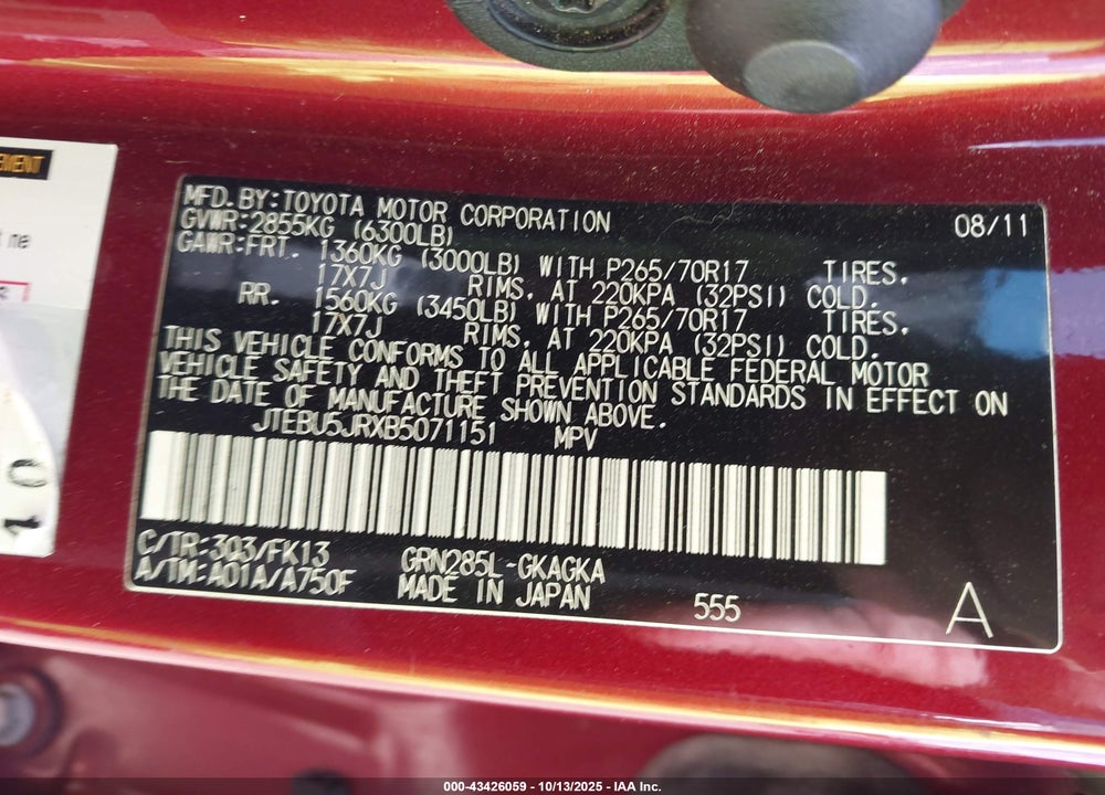 2011 TOYOTA 4RUNNER VIN: JTEBU5JRXB5071151