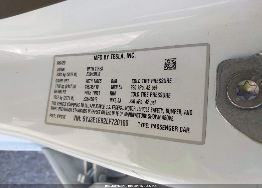 2020 TESLA MODEL 3 LONG RANGE DUAL MOTOR ALL-WHEEL DRIVE VIN: 5YJ3E1EB2LF720100