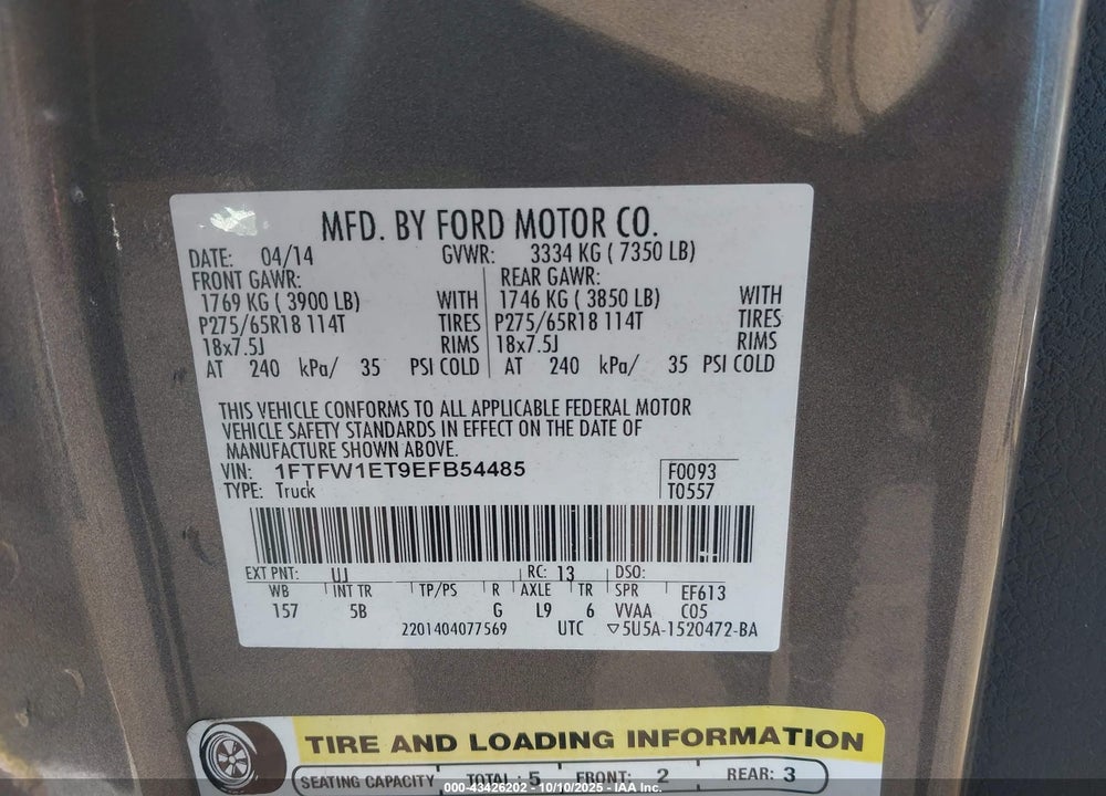 2014 FORD F-150 FX4 VIN: 1FTFW1ET9EFB54485