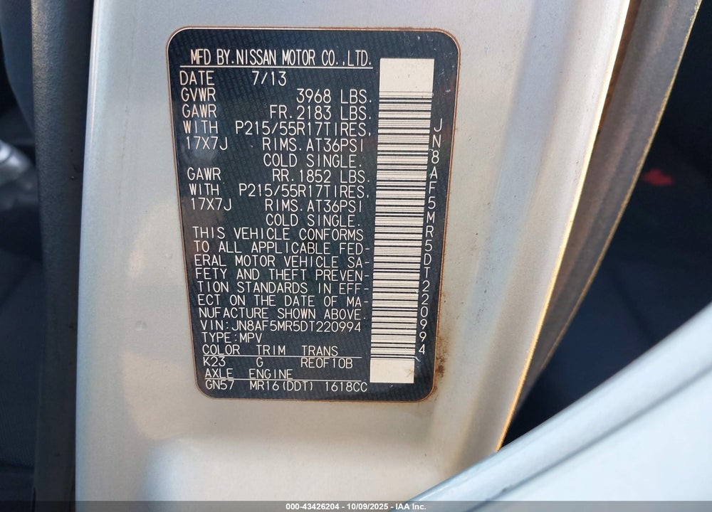 2013 NISSAN JUKE VIN: JN8AF5MR5DT220994