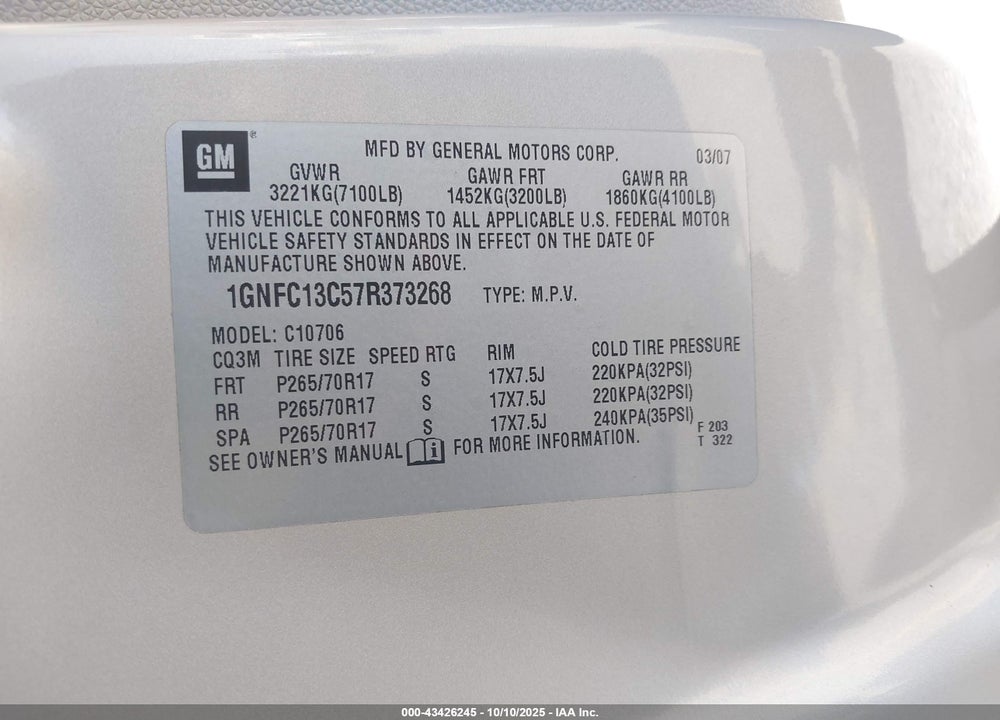 2007 CHEVROLET TAHOE LS VIN: 1GNFC13C57R373268