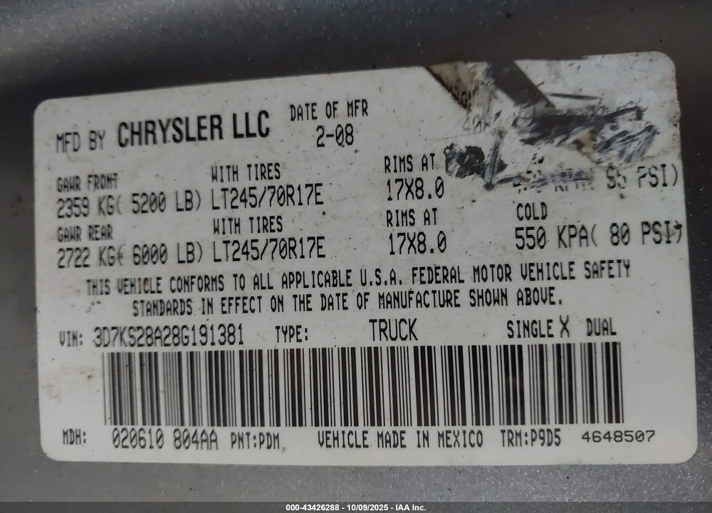 2008 DODGE RAM 2500 ST/SXT VIN: 3D7KS28A28G191381