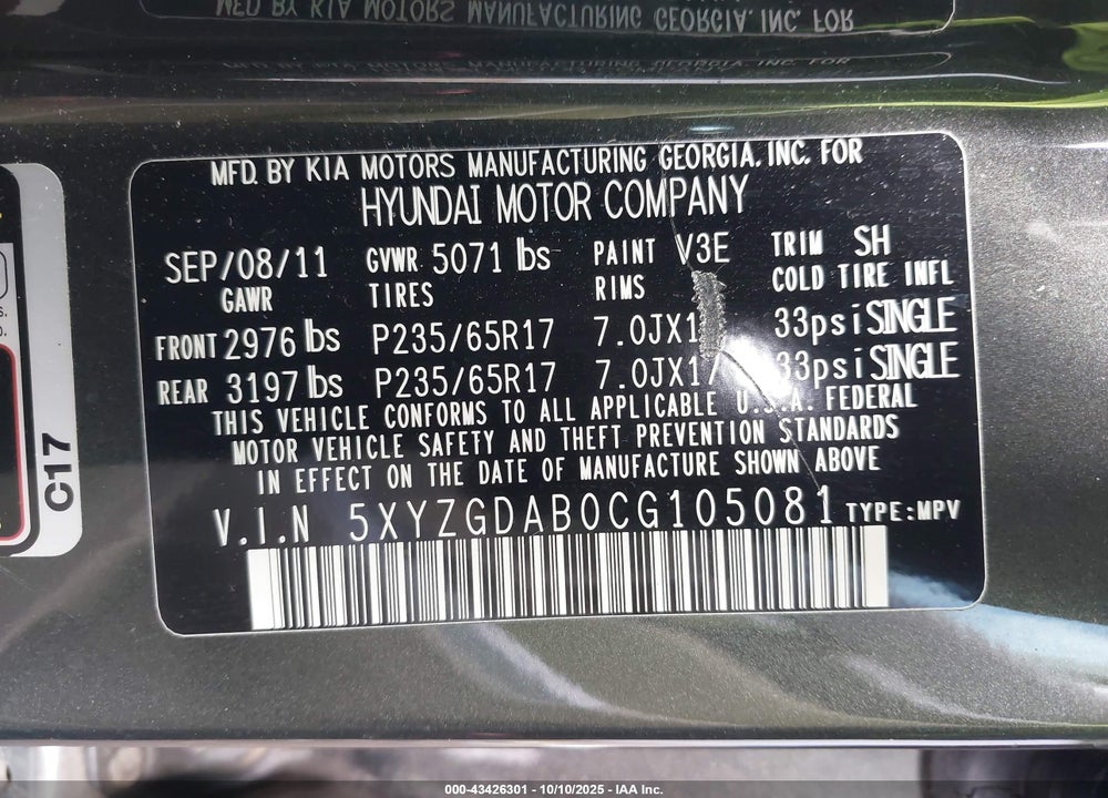 2012 HYUNDAI SANTA FE GLS VIN: 5XYZGDAB0CG105081