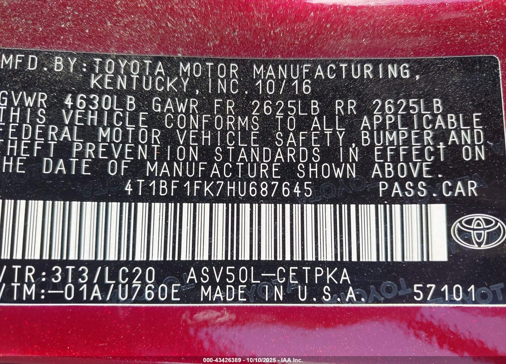 2017 TOYOTA CAMRY VIN: 4T1BF1FK7HU687645