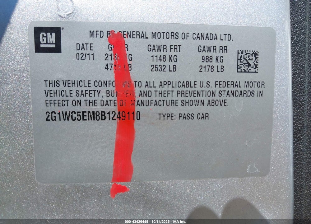 2011 CHEVROLET IMPALA VIN: 2G1WC5EM8B1249110