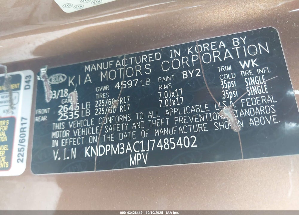 2018 KIA SPORTAGE LX VIN: KNDPM3AC1J7485402