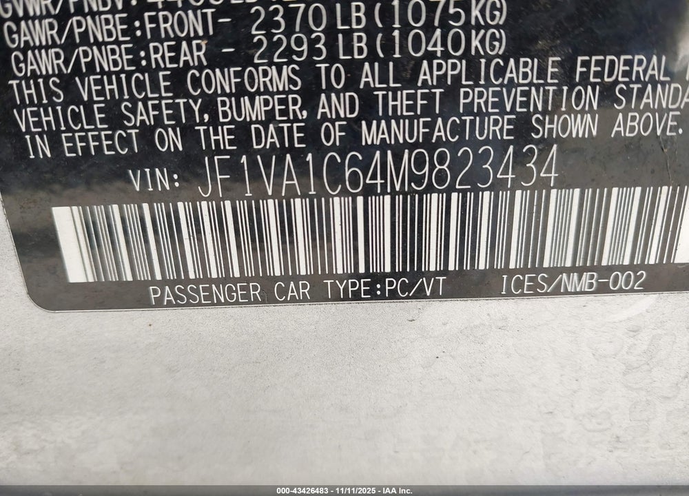 2021 SUBARU WRX PREMIUM VIN: JF1VA1C64M9823434