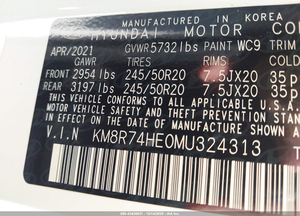 2021 HYUNDAI PALISADE VIN: KM8R74HE0MU324313