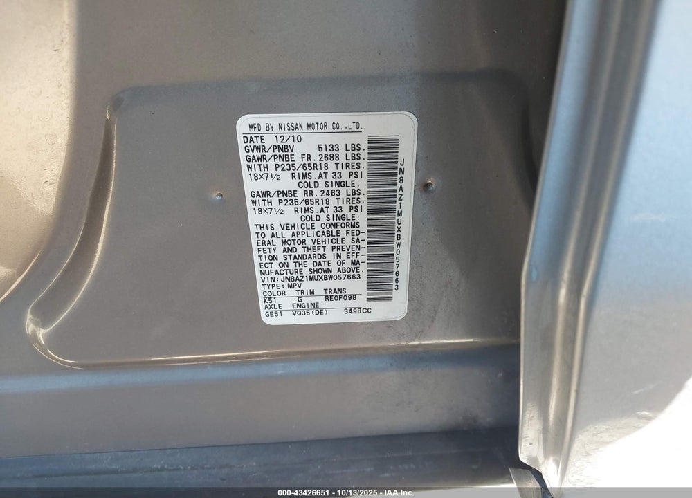 2011 NISSAN MURANO VIN: JN8AZ1MUXBW057663