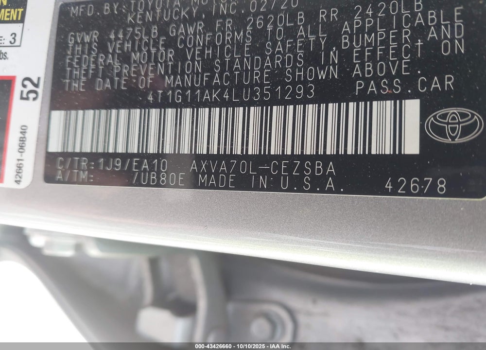 2020 TOYOTA CAMRY SE VIN: 4T1G11AK4LU351293