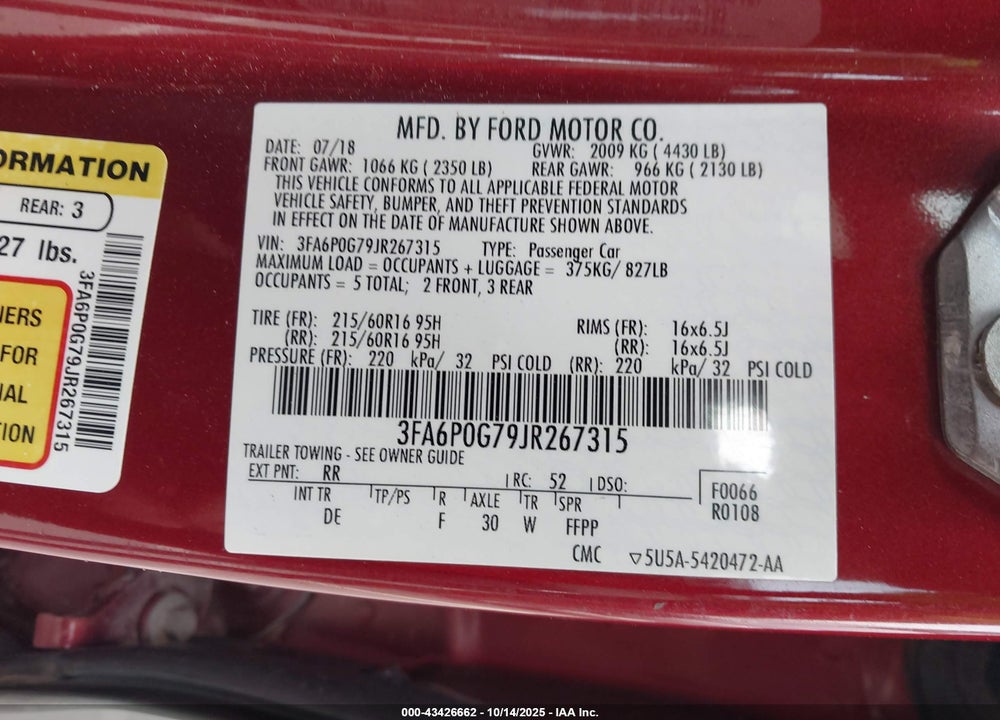 2018 FORD FUSION S VIN: 3FA6P0G79JR267315