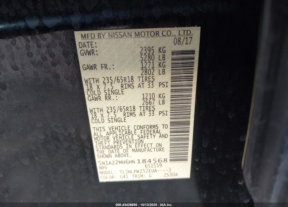 2017 NISSAN MURANO S VIN: 5N1AZ2MH6HN184568