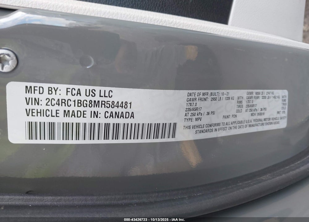 2021 CHRYSLER PACIFICA TOURING L VIN: 2C4RC1BG8MR584481