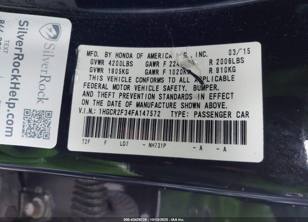 2015 HONDA ACCORD LX VIN: 1HGCR2F34FA147572