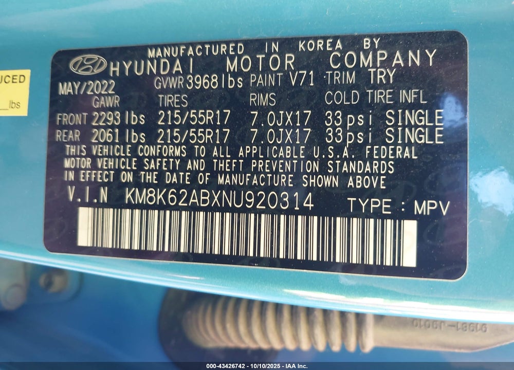 2022 HYUNDAI KONA VIN: KM8K62ABXNU920314