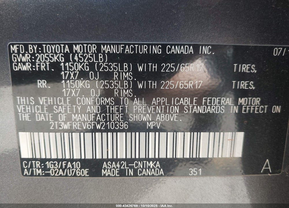2015 TOYOTA RAV4 VIN: 2T3WFREV6FW210396