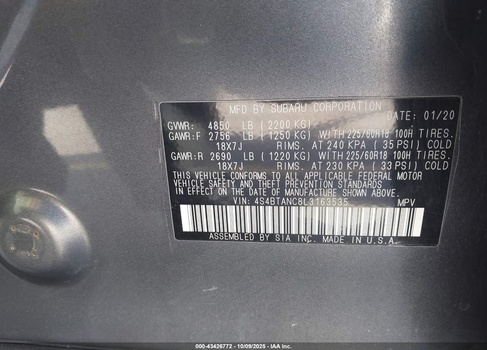 2020 SUBARU OUTBACK VIN: 4S4BTANC8L3163535