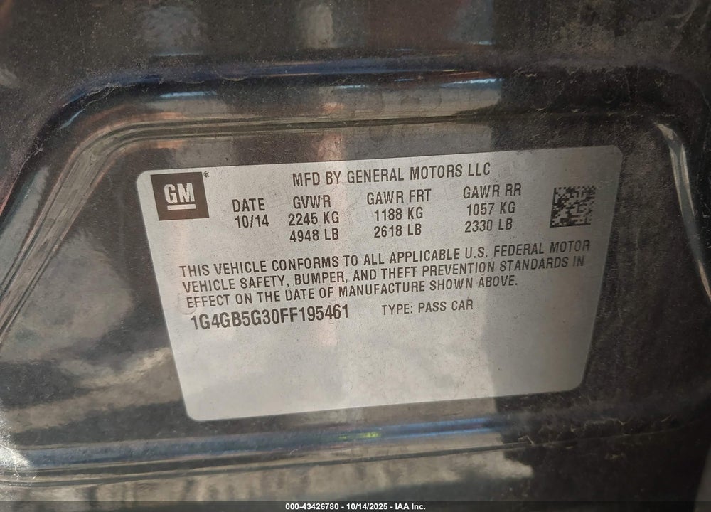 2015 BUICK LACROSSE LEATHER VIN: 1G4GB5G30FF195461