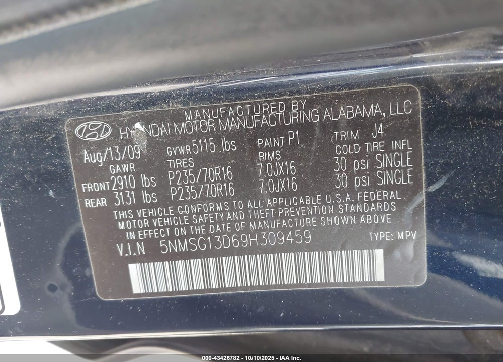 2009 HYUNDAI SANTA FE VIN: 5NMSG13D69H309459