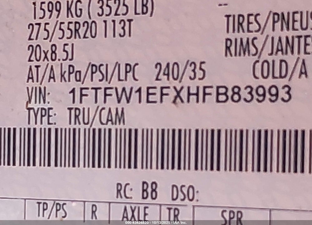 2017 FORD F-150 VIN: 1FTFW1EFXHFB83993
