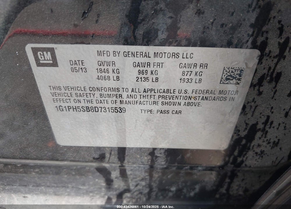 2013 CHEVROLET CRUZE VIN: 1G1PH5SB8D7315539