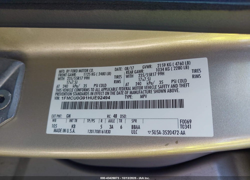 2017 FORD ESCAPE SE VIN: 1FMCU0G91HUE92494