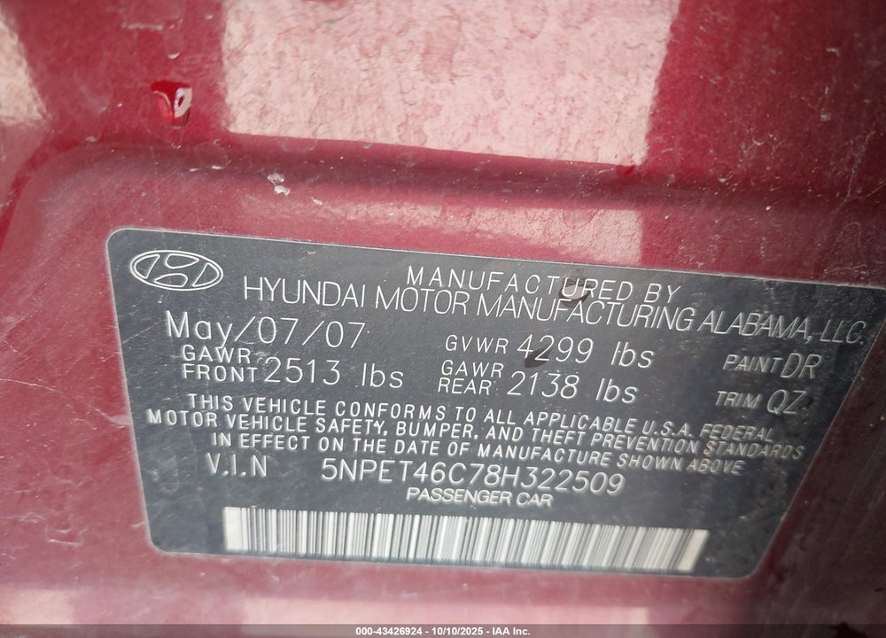 2008 HYUNDAI SONATA GLS VIN: 5NPET46C78H322509