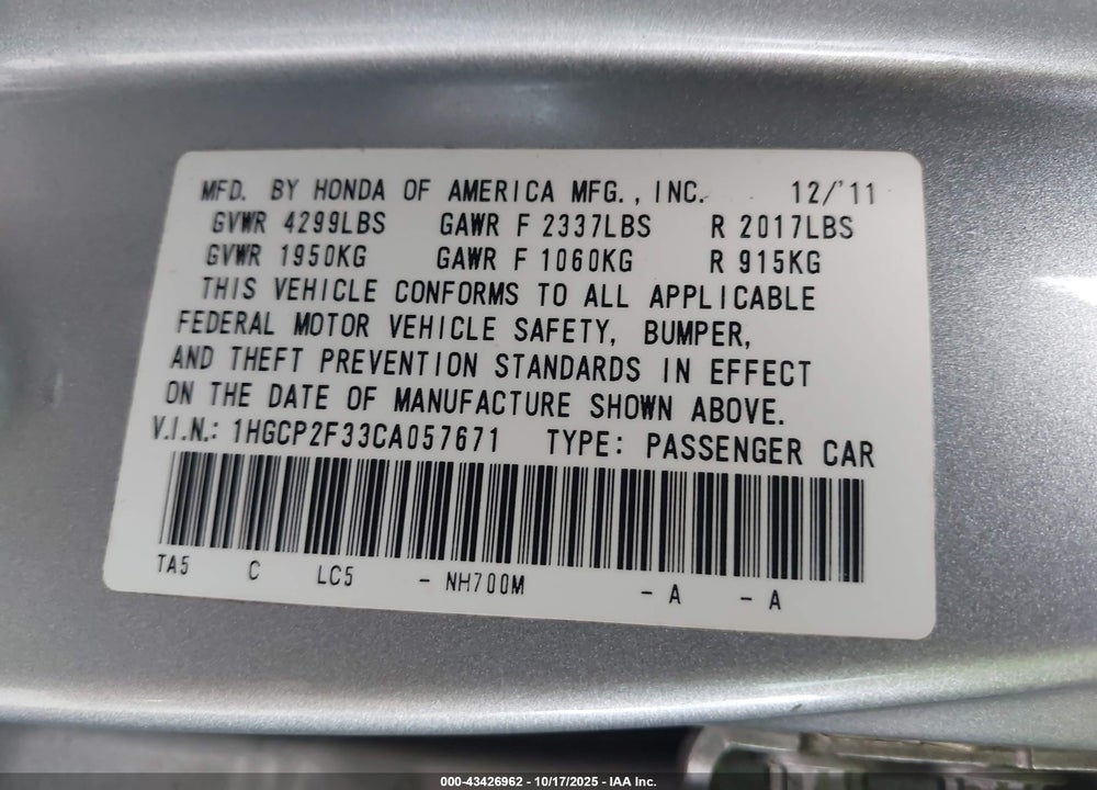 2012 HONDA ACCORD 2.4 LX VIN: 1HGCP2F33CA057671