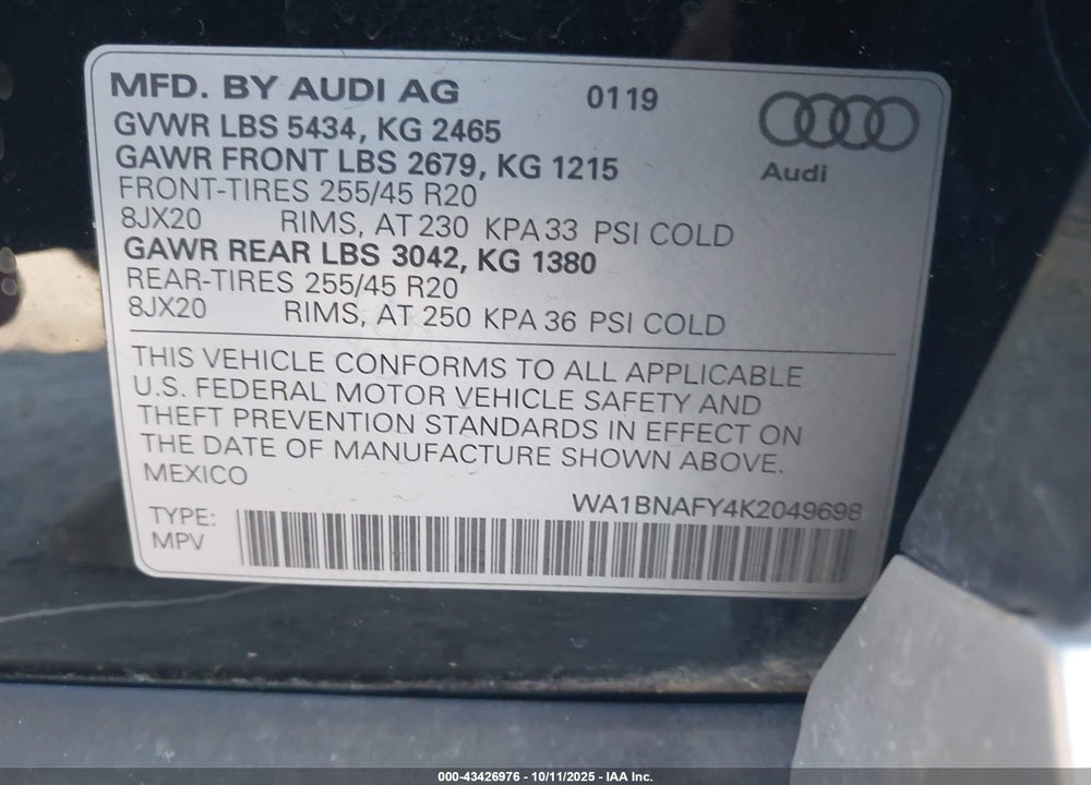 2019 AUDI Q5 VIN: WA1BNAFY4K2049698