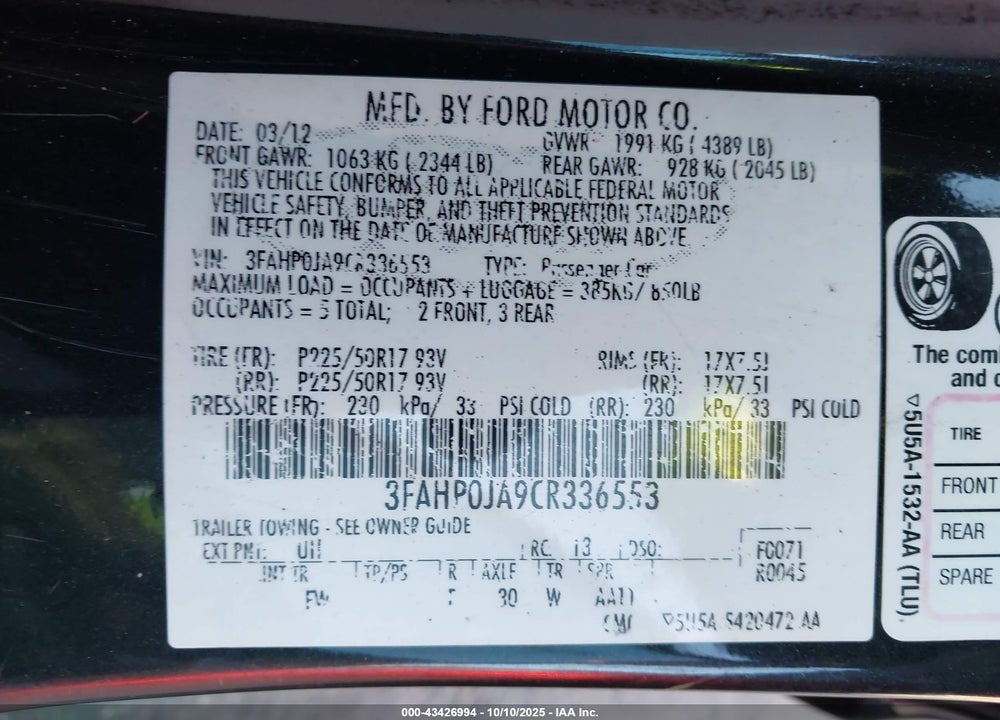 2012 FORD FUSION VIN: 3FAHP0JA9CR336553