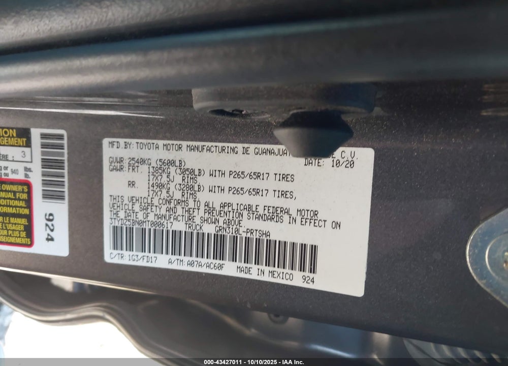 2021 TOYOTA TACOMA VIN: 3TYDZ5BN0MT000617
