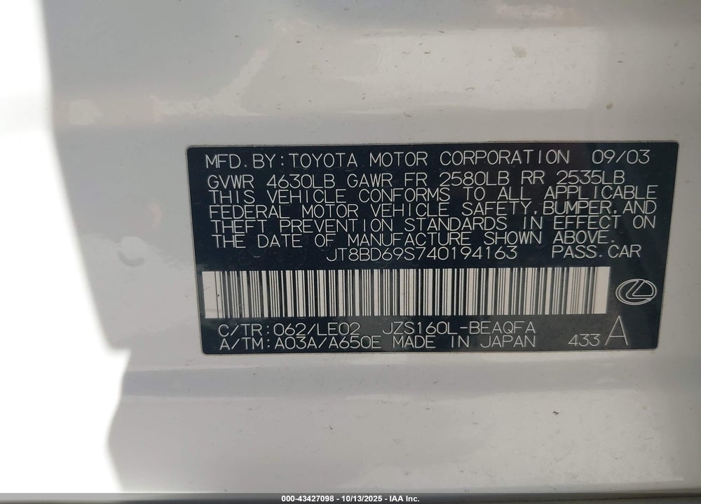 2004 LEXUS GS 300 VIN: JT8BD69S740194163