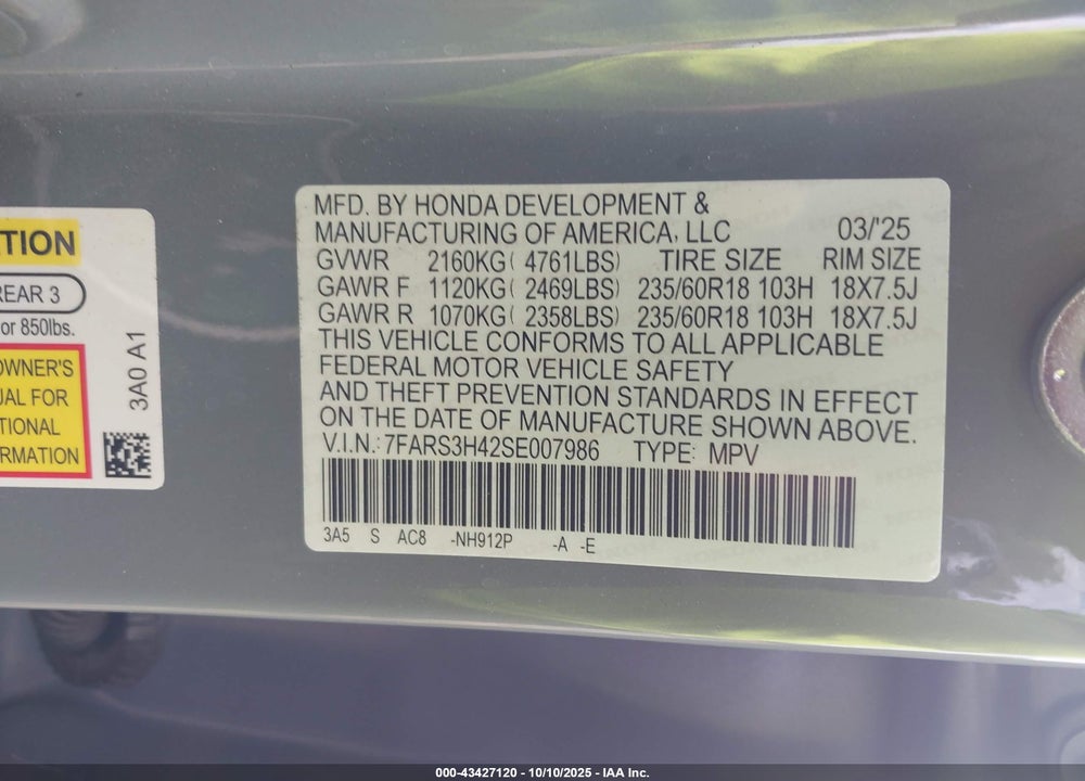 2025 HONDA CR-V EX 2WD VIN: 7FARS3H42SE007986