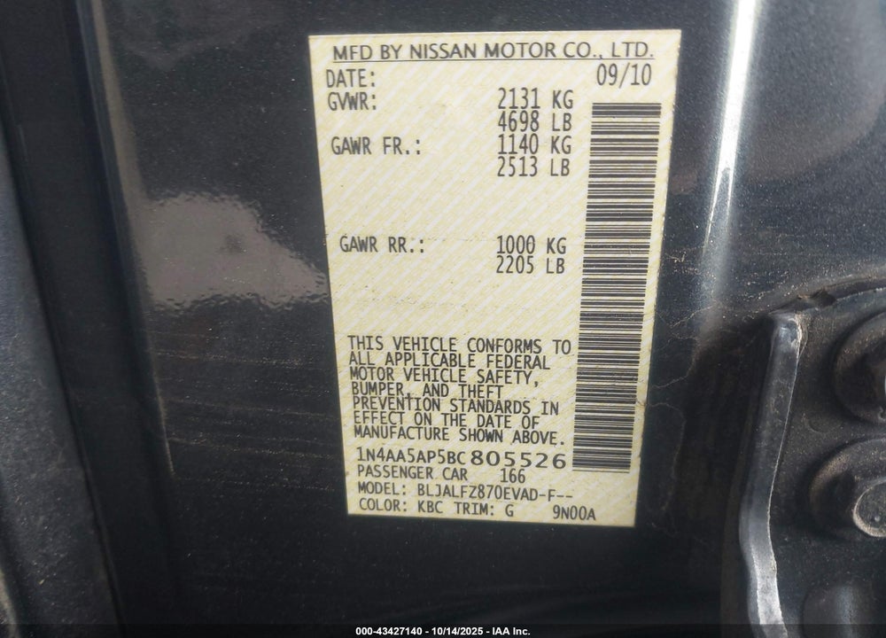 2011 NISSAN MAXIMA 3.5 SV VIN: 1N4AA5AP5BC805526