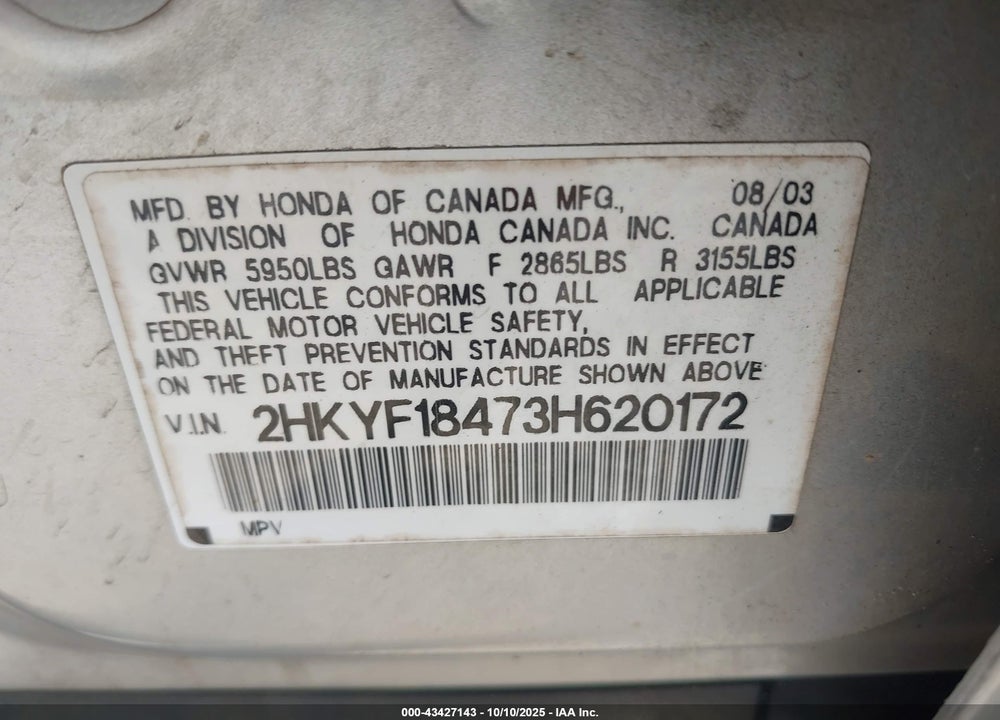 2003 HONDA PILOT EX VIN: 2HKYF18473H620172