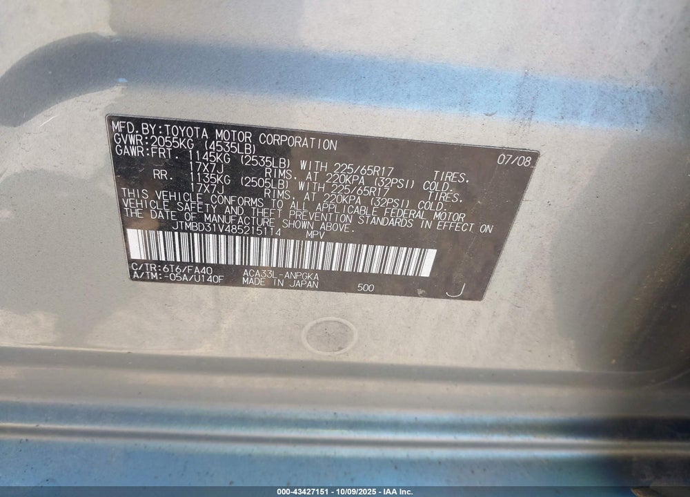 2008 TOYOTA RAV4 VIN: JTMBD31V485215114