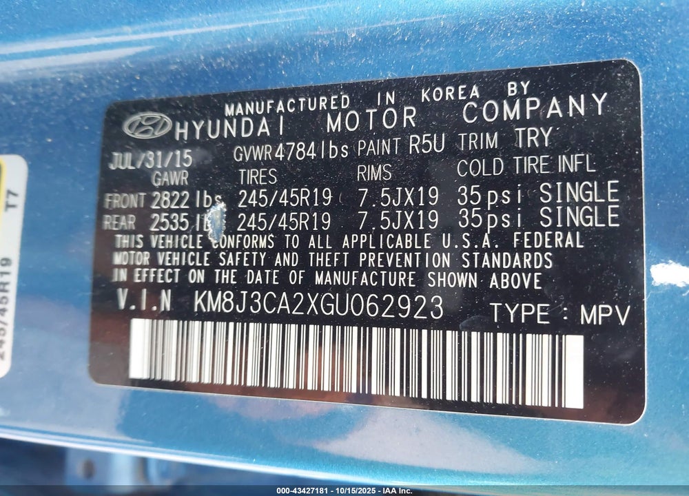 2016 HYUNDAI TUCSON VIN: KM8J3CA2XGU062923