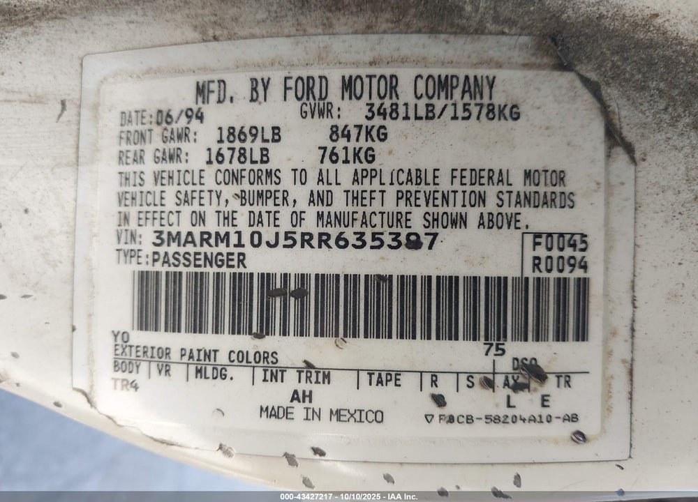1994 MERCURY TRACER TRIO VIN: 3MARM10J5RR635397