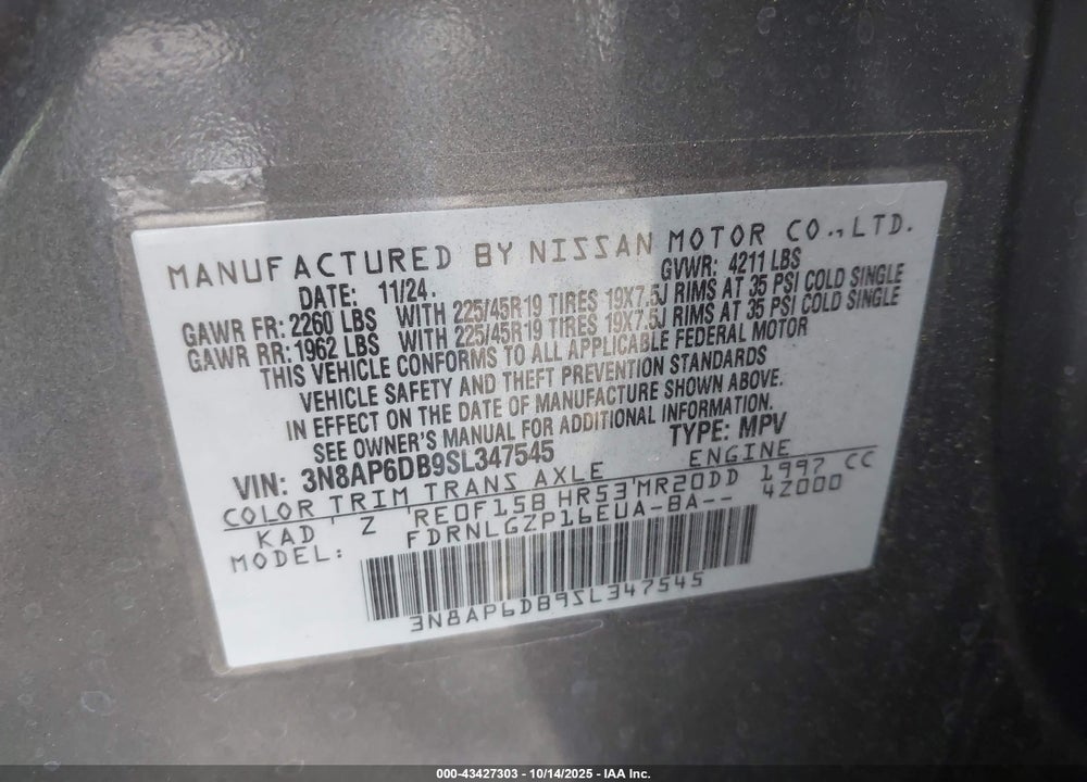 2025 NISSAN KICKS VIN: 3N8AP6DB9SL347545