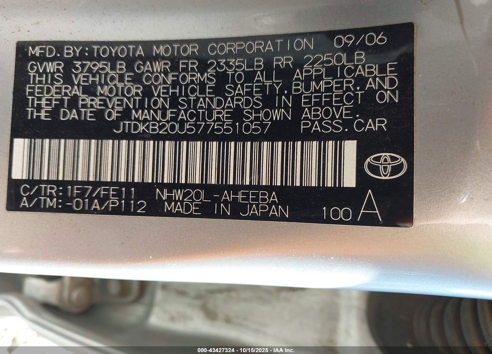 2007 TOYOTA PRIUS VIN: JTDKB20U577551057